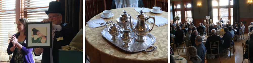 Thank You for a Memorable Victorian Tea Gala collage of an event for the mayor of waukesha. the photos picture the mayor holding up a photo of a man in a top hat. Another picture has a collection of silver tea war. The last picture shows people seated at tables around an open brightly lit room.