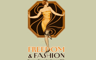 Exhibit poster titled “Freedom & Fashion: Waukesha Women Step Out in the 1920s,” featuring an Art Deco illustration of a woman in a gold dress posed before a stylized geometric background.